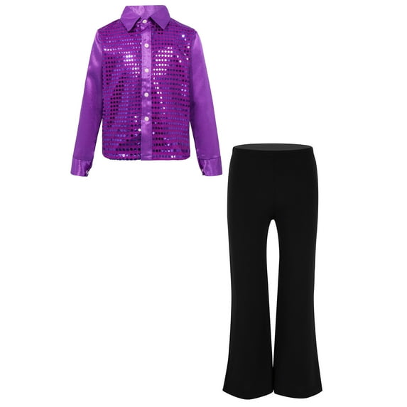 YiZYiF Boys Shiny Long Sleeve Button-Down Shirt and Flared Pants Disco Hip Hop Latin Jazz Dance Set Purple 14