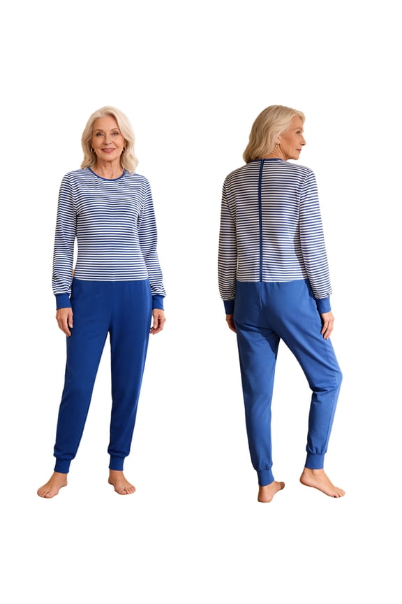 Dementia Clothes Care for Elderly Women Alzheimers Anti-Strip Nursing Jumpsuit Pajama with Back-Zipper Blue M
