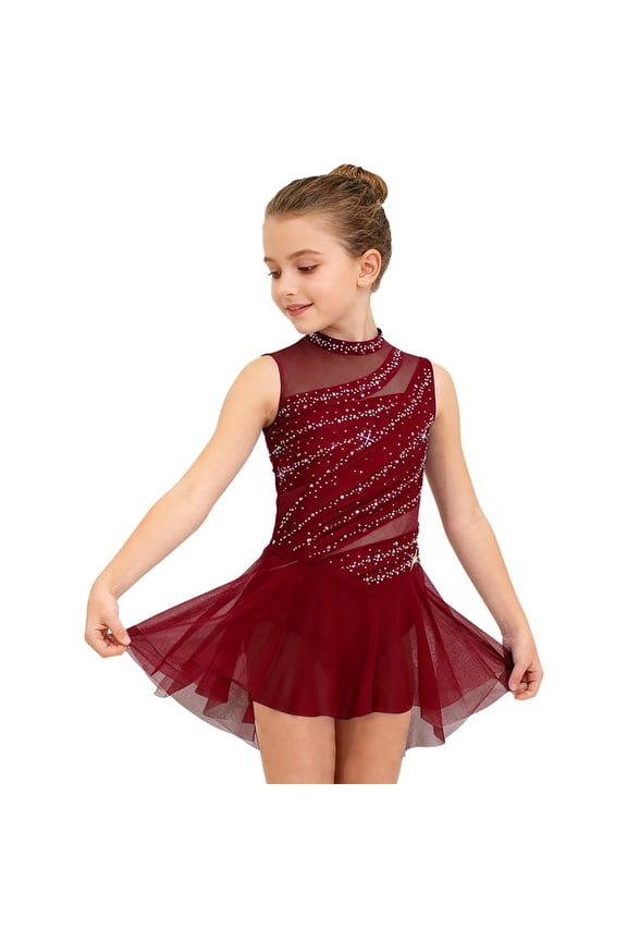 Figure Ice Skating for Girls Sleeveless Sparkle Mesh Tutu Dress Ballet Lyrical Contemporary Dancewear Burgundy 6
