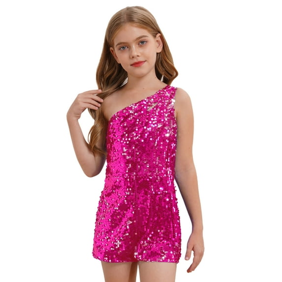 YiZYiF Flower Girls One Shoulder Jumpsuit Sleeveless Princess Pageant Prom Party Sequins Romper Hot Pink 6