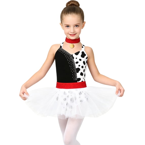 YiZYiF Girl's Ballet Leotards Sparkly Sleeveless Mesh Dance Dress Tutu Ballerina Dalmatian Outfits Black White 6