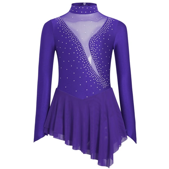 YiZYiF Girl's Figure Ice Skating Costume Rhinestones Long Sleeve Asymmetrical Ballet Tutu Dance Dress Purple 6