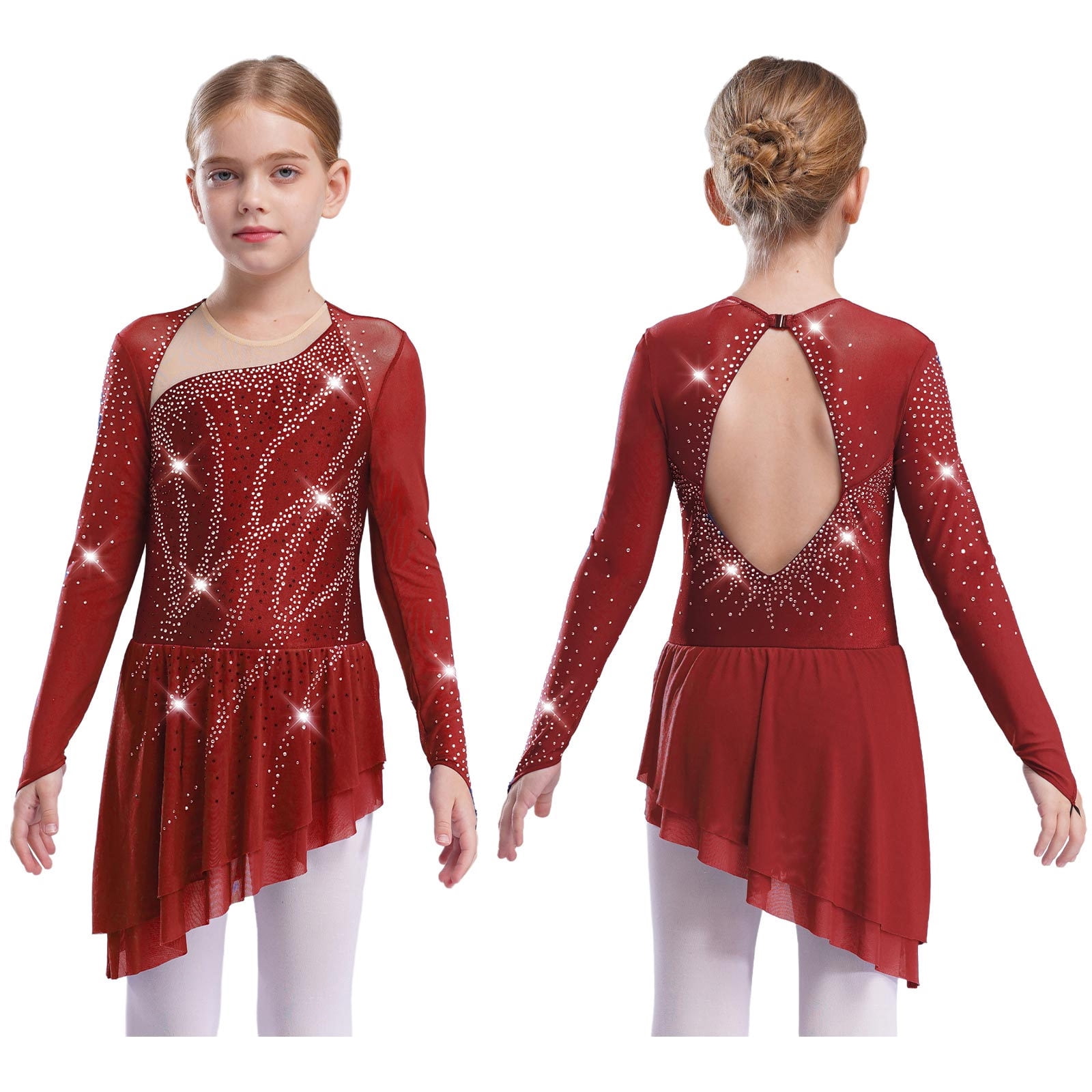 Abito Da Pattinaggio Su Ghiaccio Donna Manica Lunga Con Strass - Mesh Leotard Danza Lirica - Foto 1