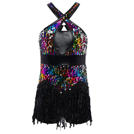 YiZYiF Girl's Sequins Tassel Latin Dance Leotard Dress Cha-Cha Performance Sparkly Fringed Bodysuit Colorful 12