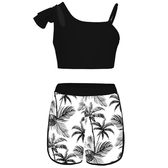 YiZYiF Girls 2-Piece Tropical Print Swimsuit Asymmetrical Ruffle Crop Top with Shorts Tankini Set Black 12