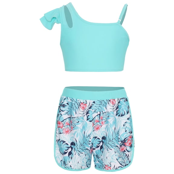 YiZYiF Girls 2-Piece Tropical Print Swimsuit Asymmetrical Ruffle Crop Top with Shorts Tankini Set Blue 14