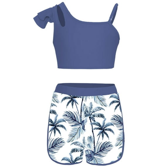 YiZYiF Girls 2-Piece Tropical Print Swimsuit Asymmetrical Ruffle Crop Top with Shorts Tankini Set Grey 14
