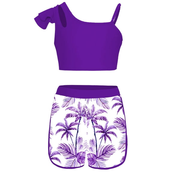 YiZYiF Girls 2-Piece Tropical Print Swimsuit Asymmetrical Ruffle Crop Top with Shorts Tankini Set Purple 12
