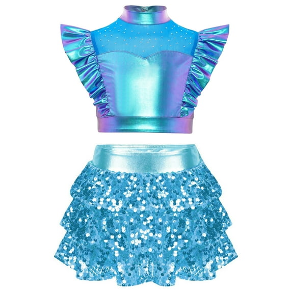 YiZYiF Girls 2Pcs Hip Hop Jazz Dance Outfits Sparkly Crop Tops and Culottes Skirts Cheer Dancewear Blue 10