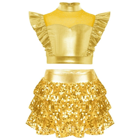 YiZYiF Girls 2Pcs Hip Hop Jazz Dance Outfits Sparkly Crop Tops and Culottes Skirts Cheer Dancewear Gold 12