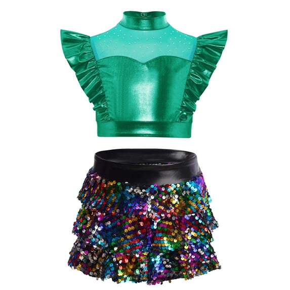 YiZYiF Girls 2Pcs Hip Hop Jazz Dance Outfits Sparkly Crop Tops and Culottes Skirts Cheer Dancewear Green 16