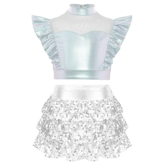 YiZYiF Girls 2Pcs Hip Hop Jazz Dance Outfits Sparkly Crop Tops and Culottes Skirts Cheer Dancewear Silver 12
