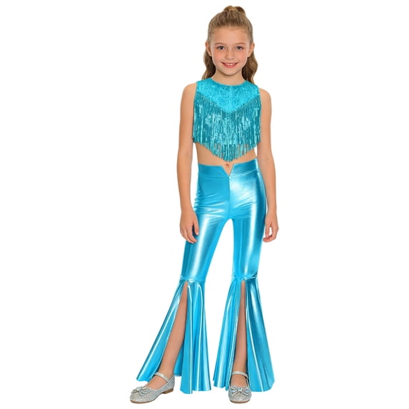 YiZYiF Girls 2Pcs Metallic Gloss Disco Dance Outfit Sequins Fringed Top with Split Bell Bottom Pants Dancewear Blue 12