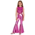 thumbnail image 1 of YiZYiF Girls 2Pcs Metallic Gloss Disco Dance Outfit Sequins Fringed Top with Split Bell Bottom Pants Dancewear Hot Pink 14, 1 of 7