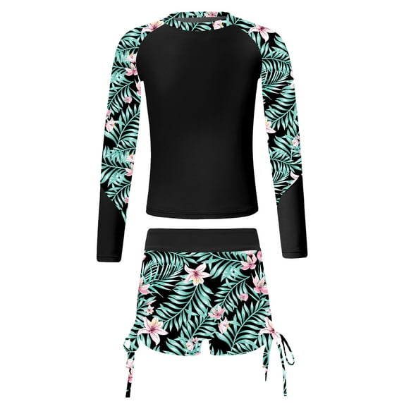 YiZYiF Girls Printed Long Sleeve Rash Guard & Drawstring Shorts Swimsuit Set, Black, Sizes 6-16