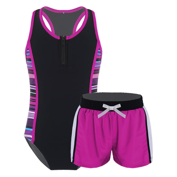 YiZYiF Girls 2pcs Jumpsuit Swimwear Racer Back Bodysuit with Boy Shorts Bathing Suit Rose Red 6