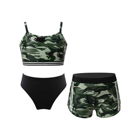 YiZYiF Girls 3Pcs Tankini Swimsuit Set Spaghetti Shoulder Straps Crop Top with Shorts Briefs for Beach Pool Swimming Camouflage Green&Black 14