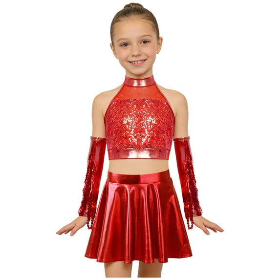 YiZYiF Girls 4pcs Jazz Dance Set Sequins Crop Top with Ruffle Skirt & Gloves Shiny Latin Cha Cha Dance Outfits Red 6