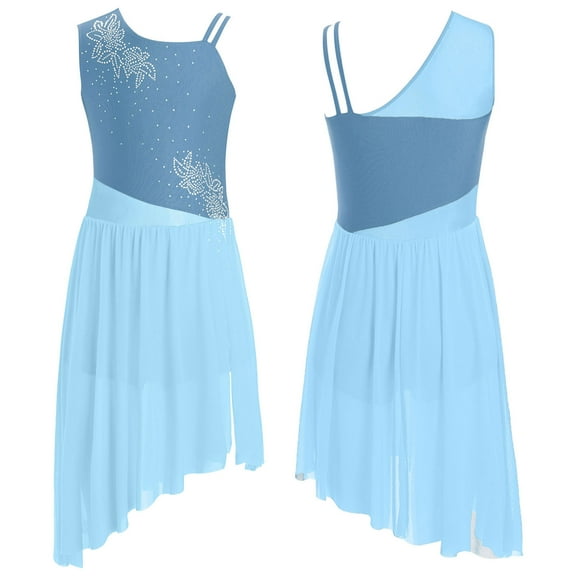 YiZYiF Girls Asymmetrical Lyrical Dance Dress Rhinestones Sleeveless Side Slit Ballet Dancewear Light Blue 6