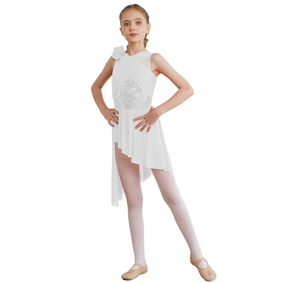 YiZYiF Girls Ballet Lyrical Dance Dress Flower Sequin Sleeveless Leotard with High Low Skirt Dance Costumes White 10