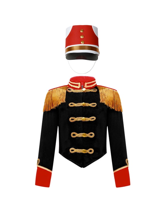 Girls Boys Drum Major Team Uniform Marching Band Tassel Jacket Coat with Hat Drummer Performance Costume Black 10