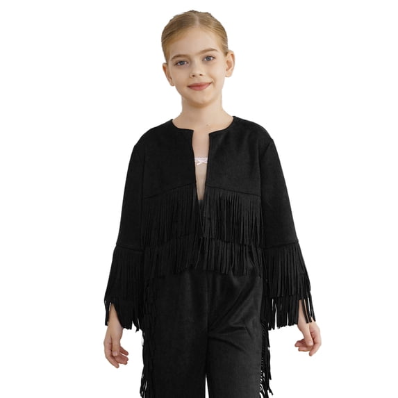 YiZYiF Girls Boys Western Cowboy Cowgirl Costume Long Sleeve Fringe Jacket Tops Kids Halloween Party Black 10
