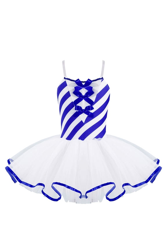 Girls Camisole Candy Cane Striped Ballet Tutu Dance Dress Figure Skating Christmas Costume Blue-A 14