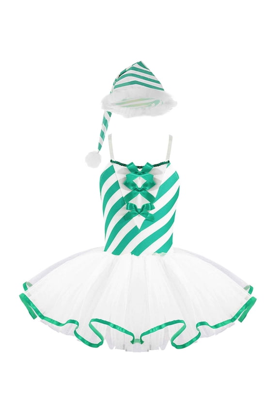 Girls Camisole Candy Cane Striped Ballet Tutu Dance Dress Figure Skating Christmas Costume Green 6