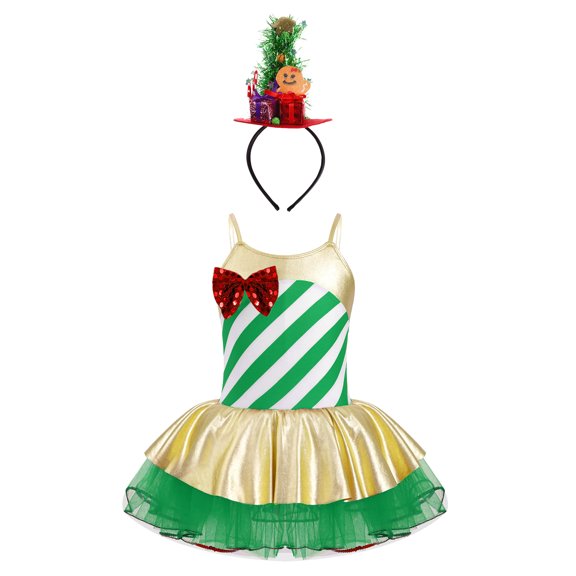 YiZYiF Girls Camisole Candy Cane Striped Ballet Tutu Dance Dress Figure Skating Christmas Costume Green 6