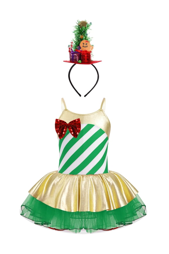 Girls Camisole Candy Cane Striped Ballet Tutu Dance Dress Figure Skating Christmas Costume Green 6