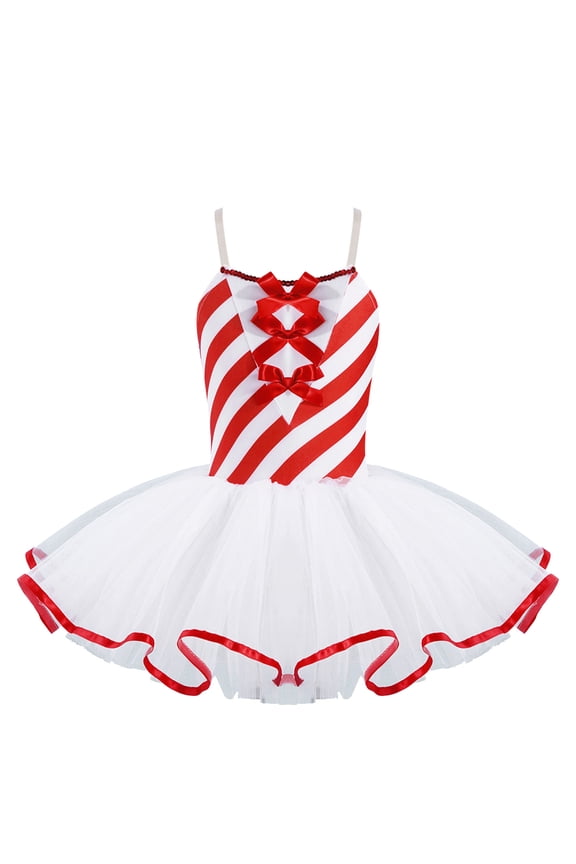 Girls Camisole Candy Cane Striped Ballet Tutu Dance Dress Figure Skating Christmas Costume Red-A 16