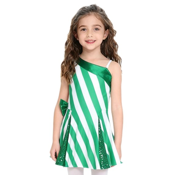 YiZYiF Girls Candy Cane Striped Christmas Party Dance Dress One Shoulder Sequin Elf Flared Dresses Green 16