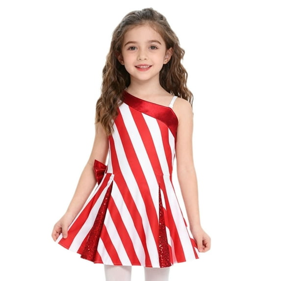 YiZYiF Girls Candy Cane Striped Christmas Party Dance Dress One Shoulder Sequin Elf Flared Dresses Red 4