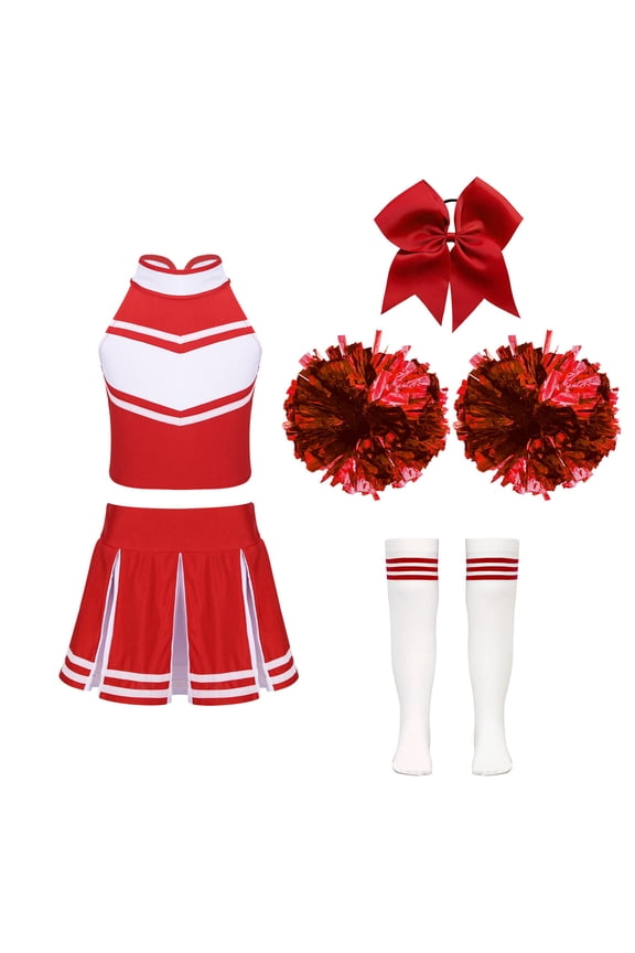 Girls Cheerleading Costume Outfit Set Sleeveless Top with Pleated Skirt for Stage Performance A Red 10
