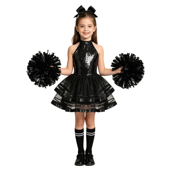 YiZYiF Girls Cheerleading Outfit Cheer Leader Dress Dance Gear Black 4