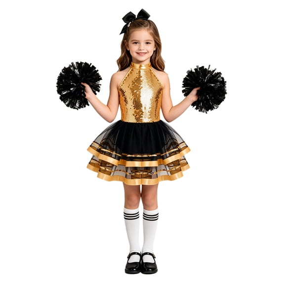 YiZYiF Girls Cheerleading Outfit Cheer Leader Dress Dance Gear Champagne White 8