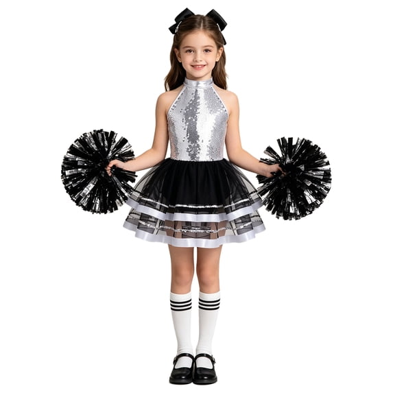 YiZYiF Girls Cheerleading Outfit Cheer Leader Dress Dance Gear Silver White 14