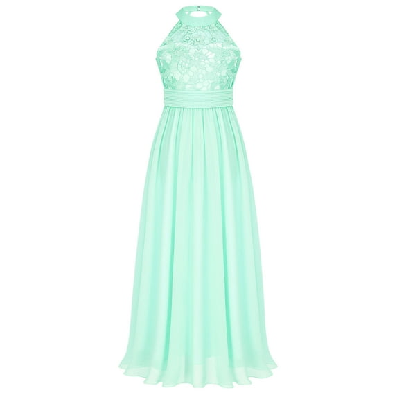 YiZYiF Girls Chiffon Floral Lace Birthday Party Dress Halter High Waist Sleeveless Wedding Flower Girl Dress