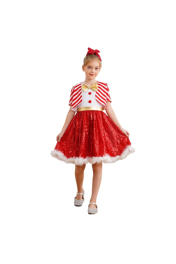 Girls Christmas Candy Cane Dance Outfit Sequins Tutu Dress with Stripes Short Coat 2Pce Set Red 12
