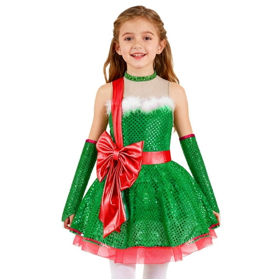 YiZYiF Girls Christmas Dance Tutu Dress Sparkly Sequin Bowknot Figure Skating Dress with Oversleeves Green 6