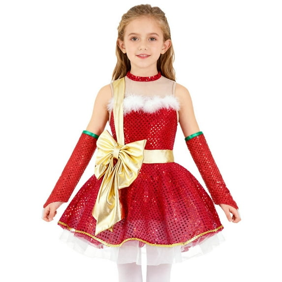 YiZYiF Girls Christmas Dance Tutu Dress Sparkly Sequin Bowknot Figure Skating Dress with Oversleeves Red 6