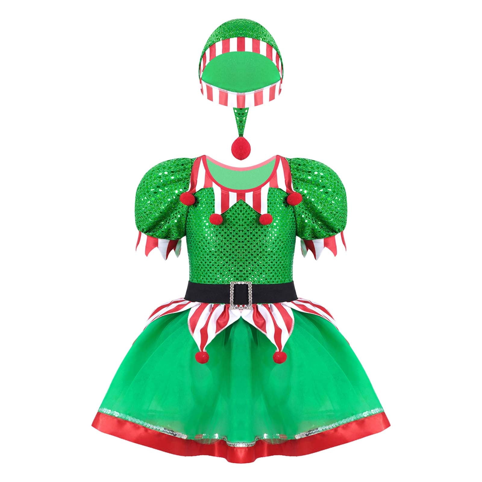 YiZYiF Kids Girls Christmas Elf Costume Figure Ice Skating Ballet Dance Tutu Dress with Hat Dancewear Green-A 2