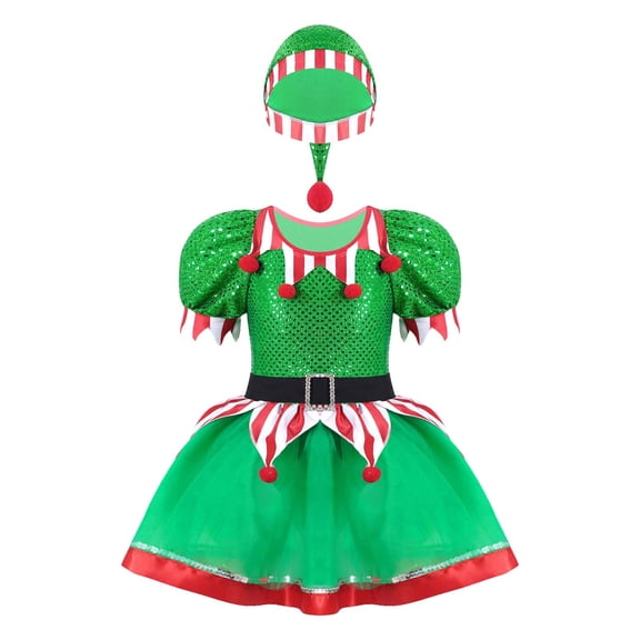 YiZYiF Kids Girls Christmas Elf Costume Figure Ice Skating Ballet Dance Tutu Dress with Hat Dancewear Green-A 2
