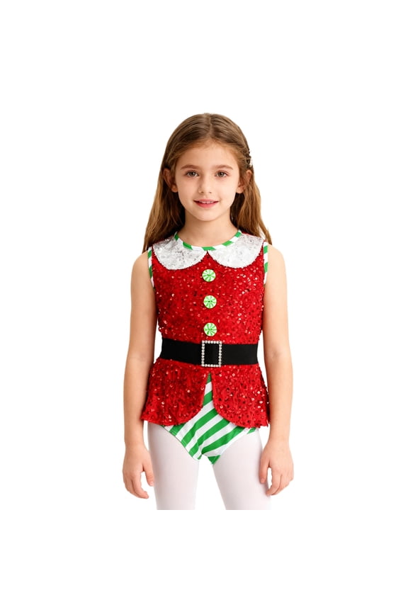 Girls Christmas Santa Elf Outfits Striped Sequins Ballet Dance Leotard Stage Performance Unitard Red 4