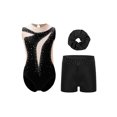 thumbnail image 1 of YiZYiF Girls Dance Figure Skating Performance Costume Gymnastic Ballet Leotard+Shorts+Headwear Set Black-A 6, 1 of 6