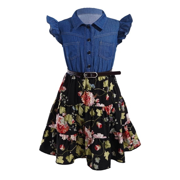 YiZYiF Girls Denim Floral Prints Casual Dress Summer Daily A-line Dress Black 14