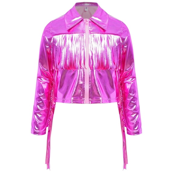 YiZYiF Girls Fringe Tassel Long Sleeve Zipper Jacket PU Leather Shiny Metallic Outwear Coat for Dance Hot Pink 16