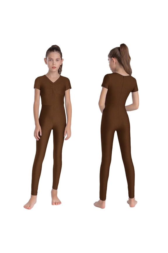 Girls Full Body Unitard Short Sleeve Gymnastics Leotard One Piece Ballet Dance Bodysuit Catsuit Dancewear Brown 16