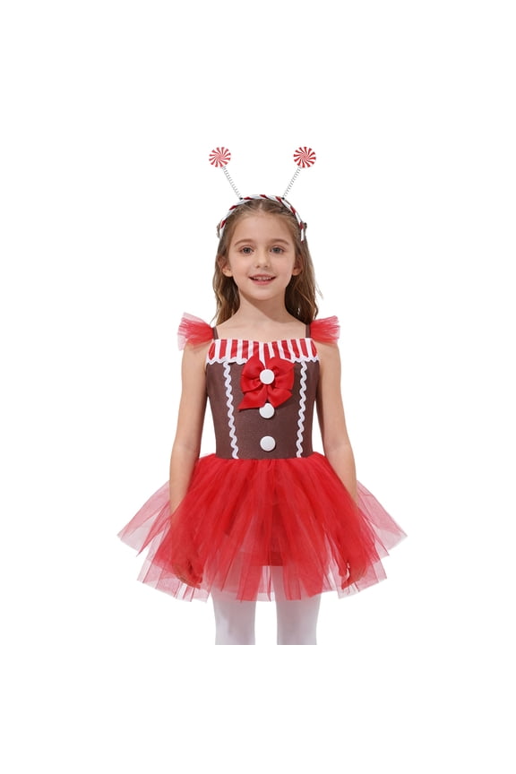 Girls Gingerbread Costume Christmas Party Dance Tutu Dress with Candy Cane Lollipop Hair Hoop Red 14