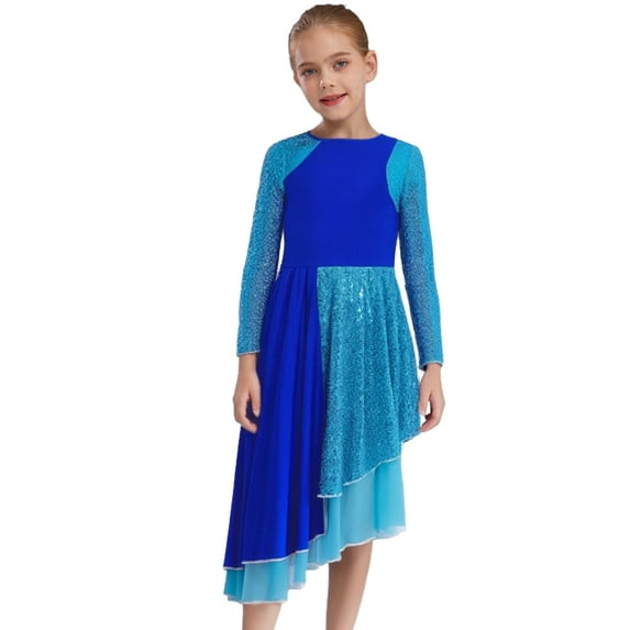 YiZYiF Girls Glitter Praise Worship Dance Tunic Dress Long Sleeve Asymmetrical Liturgical Dancewear Blue 12